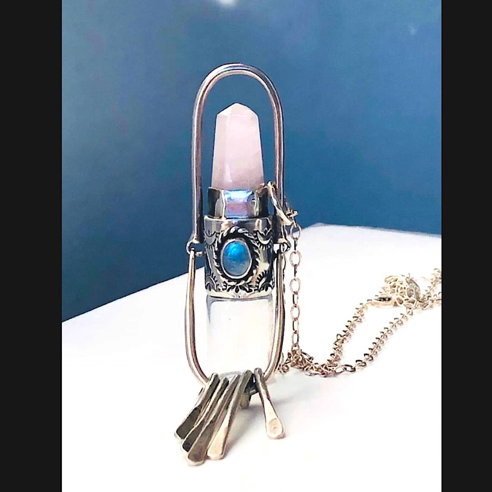 RARE-Roadkill Gems (RKG) Necklace Sterling Silver Fringe Rose Quartz & Moonstone